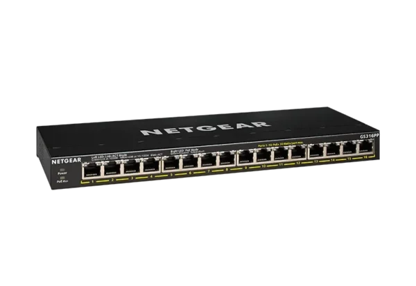 NETGEAR GS316P – 16-porttinen hallitsematon PoE+-kytkin, 115 W