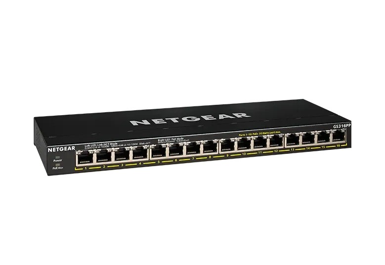 NETGEAR GS316P – 16-porttinen hallitsematon PoE+-kytkin, 115 W