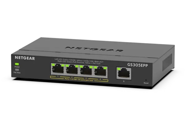 NETGEAR GS305EPP – kevythallittava PoE+-kytkin, 4 × PoE+, 120 W