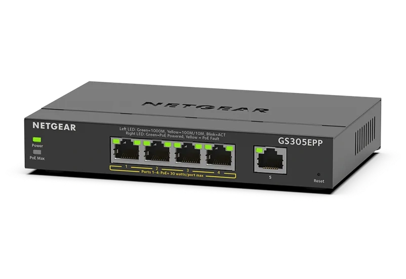 NETGEAR GS305EPP – kevythallittava PoE+-kytkin, 4 × PoE+, 120 W