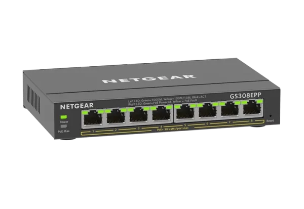 NETGEAR GS308EPP – kevythallittava PoE+-kytkin, 8 × PoE+, 123 W